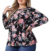 Agnes Orinda Plus Size Floral Tops for Women Long Sleeve Pleated Tunic Crew Neck Dressy Casual Fall Blouses