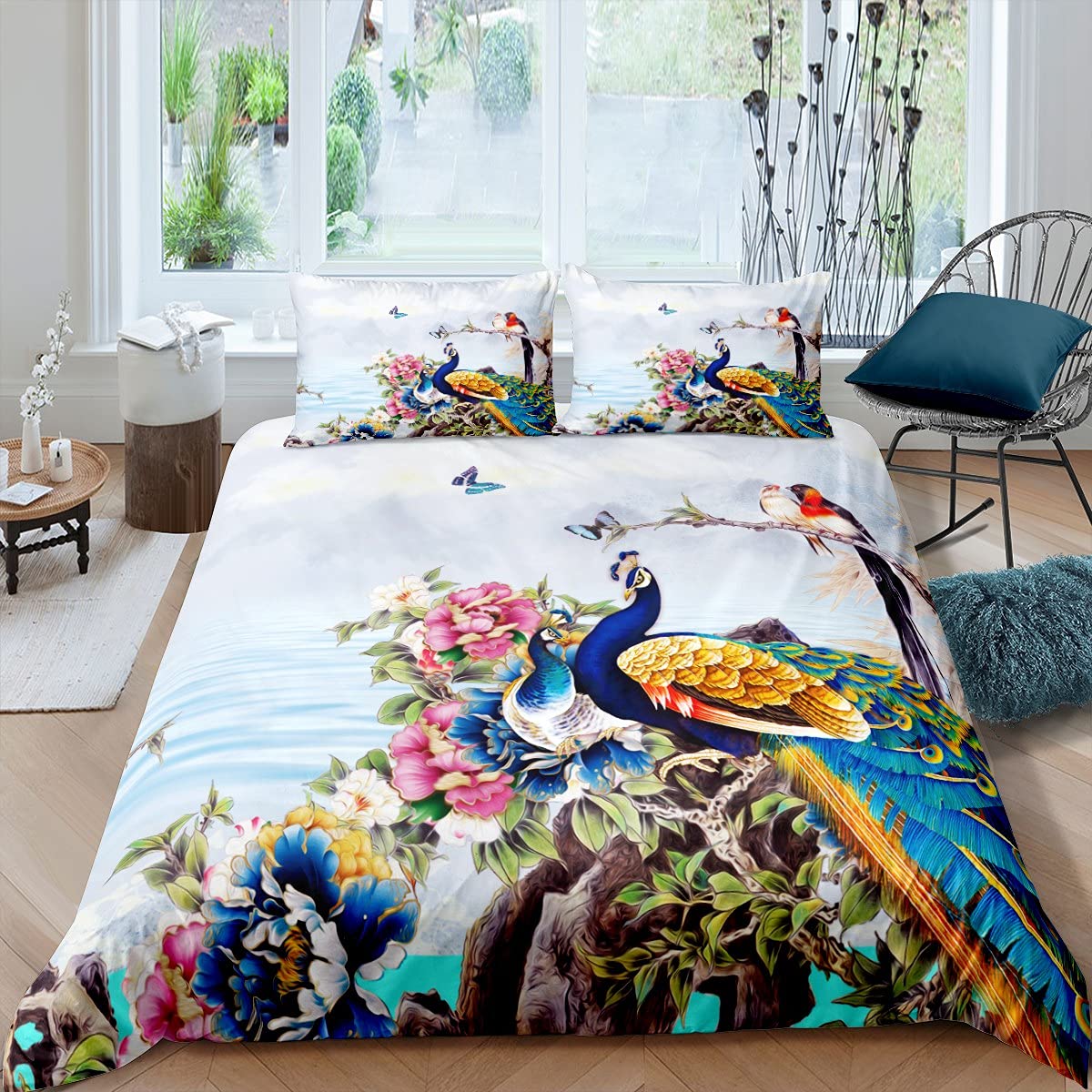 Peacock Duvet Cover Sets Double Size,Watercolor Feather Bedding Set for Kids Teen Adult Girls Boys Bedroom Decorative,Birds Animal Flower Floral Print Art Painting Comforter Cover and 2 Pillowcases