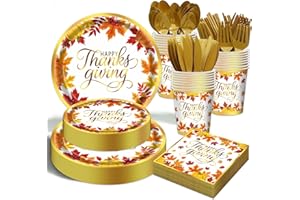 OUNIY Thanksgiving Fall Party Supplies - 175 PCS Thanksgiving Paper Plates and Napkins Sets Fall Pumpkins Disposable Dinnerware Set for Autumn Harvest Party Supplies Decorations, Serve 25 Guests
