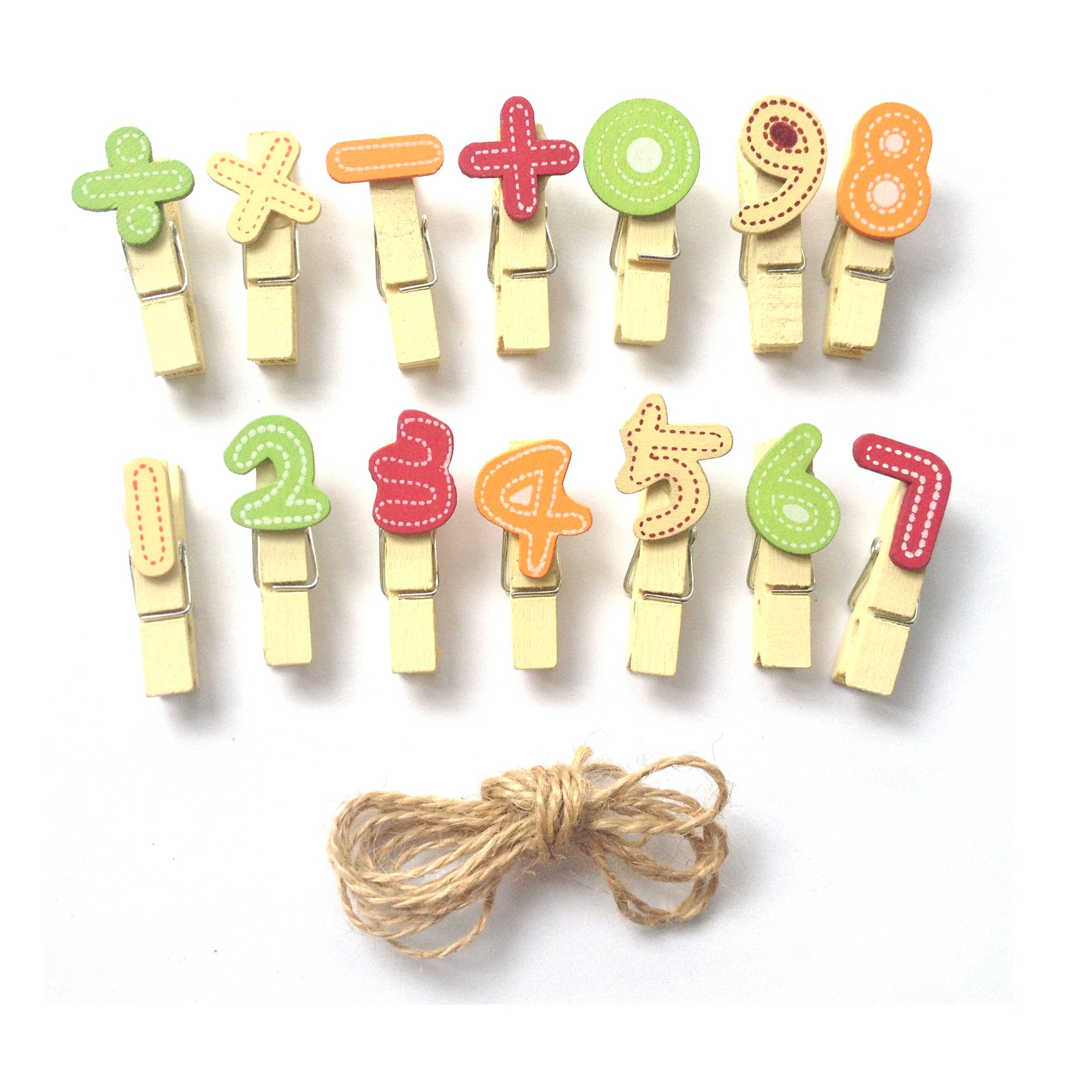 LWR CRAFTS Wooden Mini Clothespins Numbers 28 Pieces and Jute Cord 2.4m