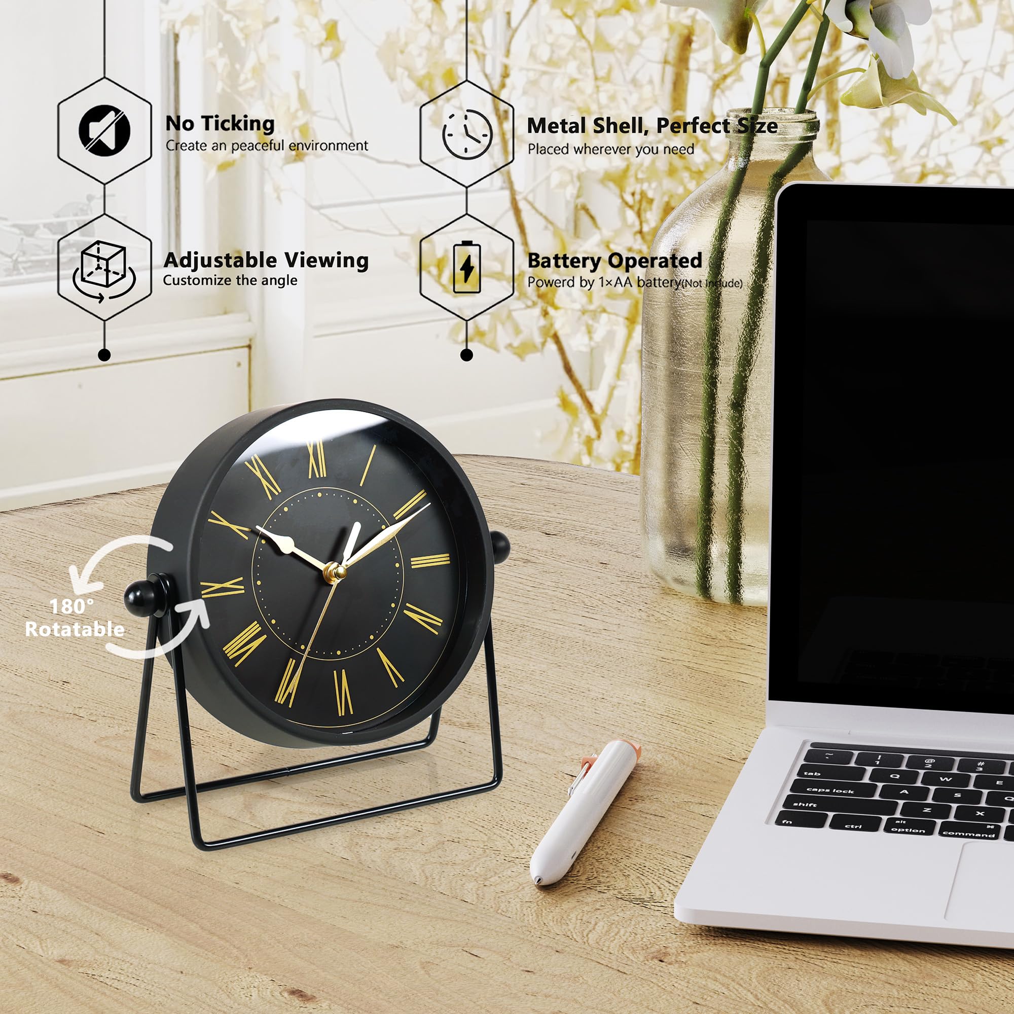 AYRELY® Vintage Metal Table Clock - Silent Non-Ticking Mantel Clock with Adjustable Angle, Retro Style Analogue Grandfather Clock for Living Room, Shelf, Fireplace & Office (Black/Gold)