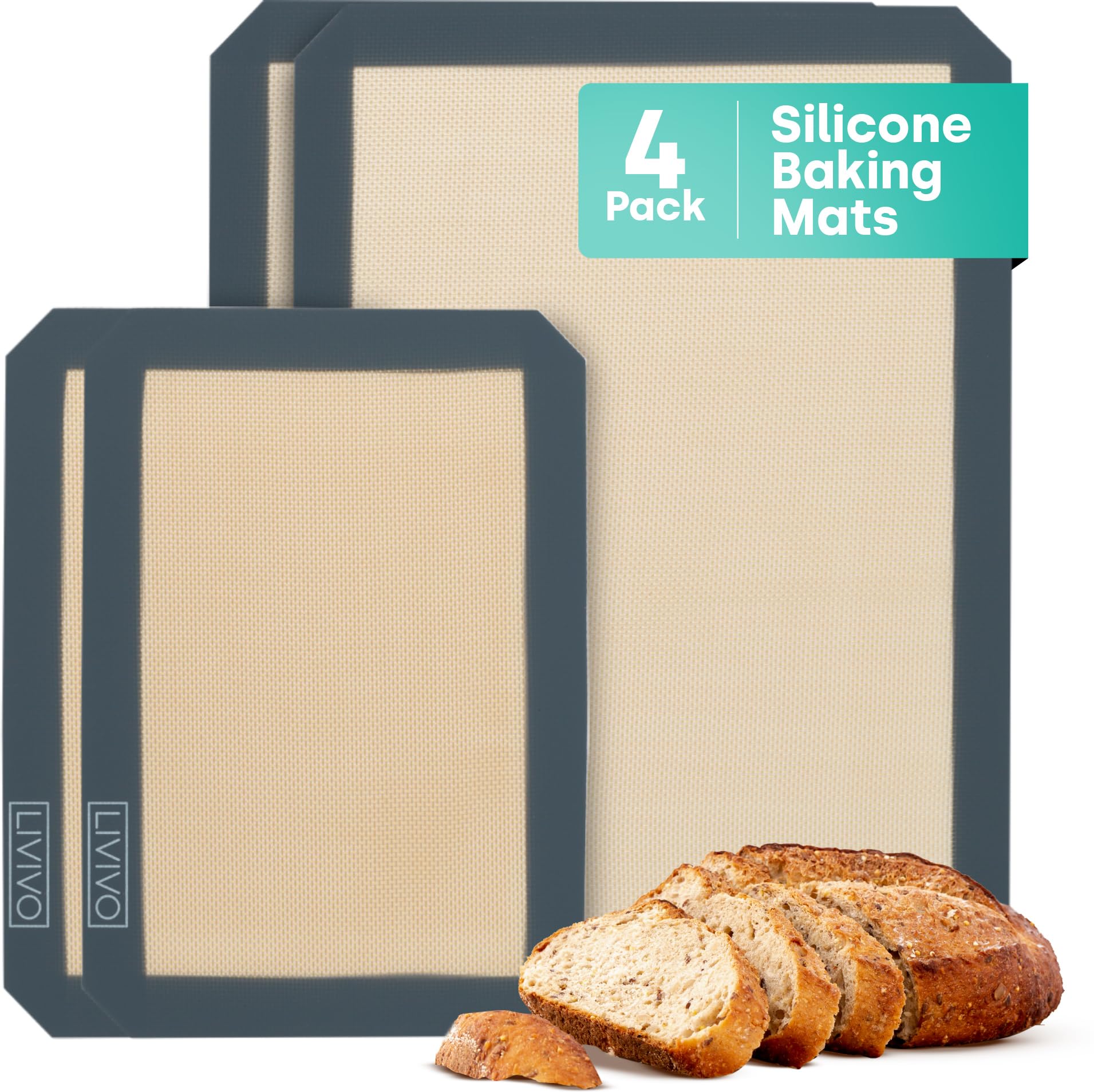 LIVIVO Silicone Baking Mat - 4 Piece Non Stick Silicone Baking Sheets - Silicone Mat for Baking Sheet for Cookies, Bread - Reusable, Easy to Use and Clean Pastry Mat