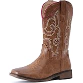 IUV Cowboy Boots For Women Square Toe Wide Western Boots Mid Calf Cowgirl Boots Pull On Fashion Embroidered Cowboy Boots