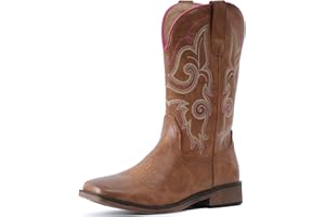 IUV Cowboy Boots For Women Square Toe Wide Western Boots Mid Calf Cowgirl Boots Pull On Fashion Embroidered Cowboy Boots