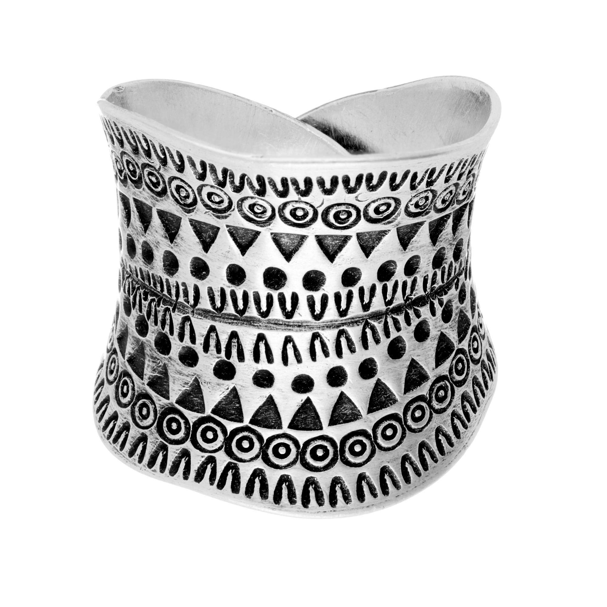 81stgeneration Hill Tribe Silver Tribal Motif Wrap Ring - Adjustable Wide Concave Band With Geometric Pattern - Nature-Inspired Jewellery for Women - Handmade Artisan Boho Rings