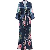 BABEYOND Women's Kimono Robe Long Satin Silky Floral Lightweight Bridesmaid Wedding Bachelorette Party Robe