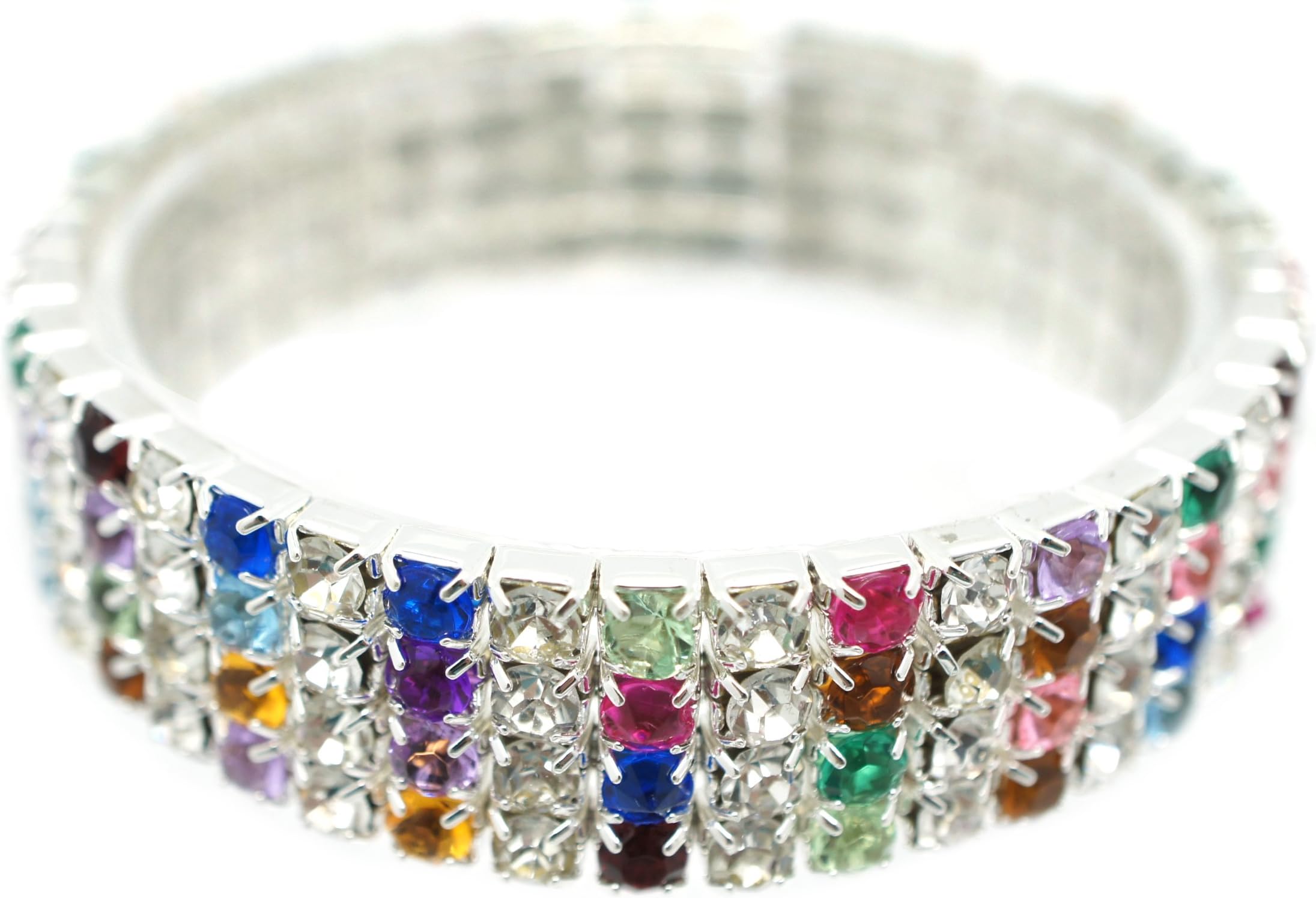 Petite Classic Silver 4 Row Multi Colorful Rhinestone Stretch Tennis Cuff Bracelet