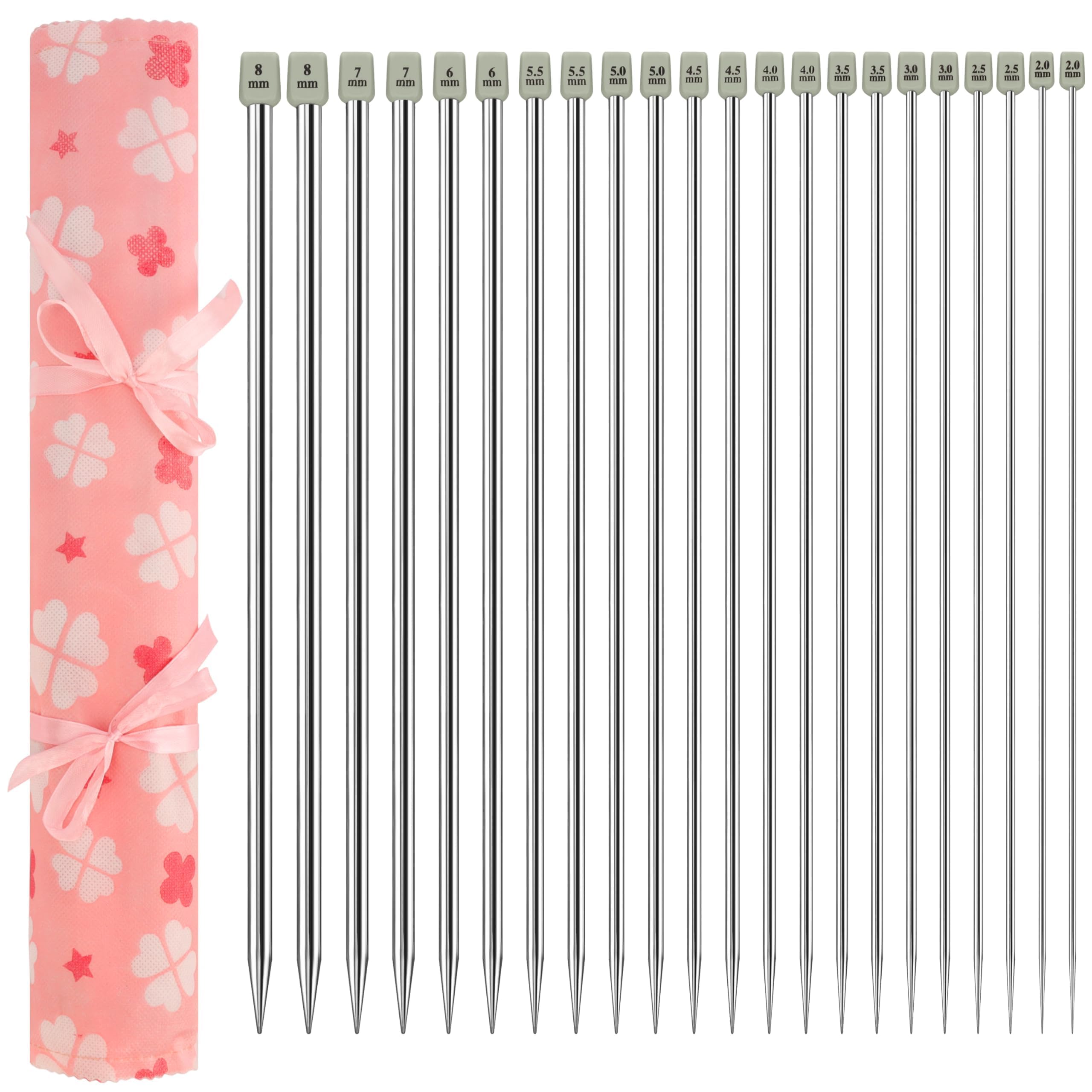 Curtzy 22-Piece Aluminium Knitting Needle Set - Needle Length 35cm/14 Inches - Single Pointed Long Straight Needles 2-8mm - 11 Sizes 2 of Each Size - for Beginners and Experts