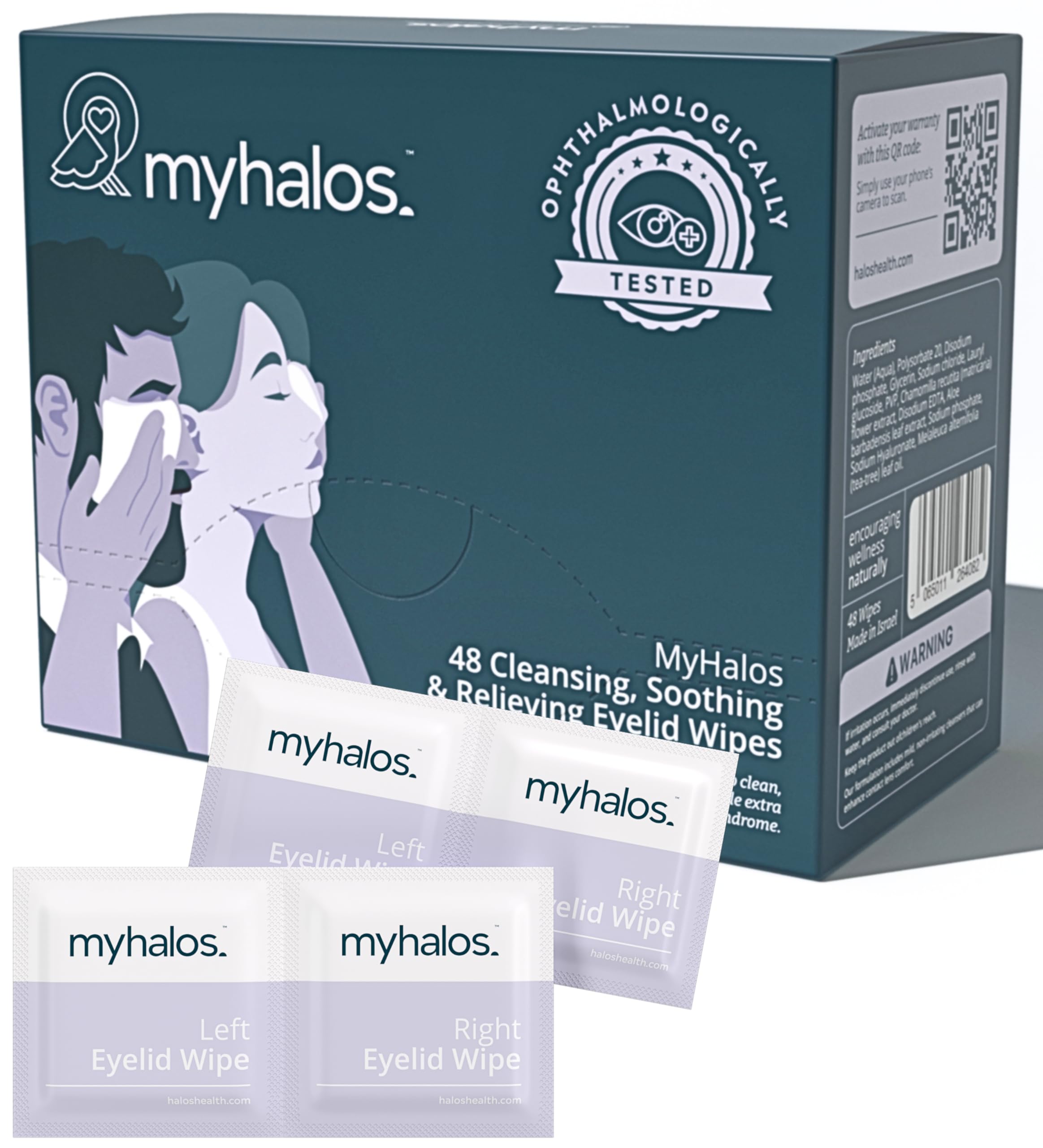 MyHalos® 48 Hydrating Eye Wipes for Dry Eyes & Computer Vision Syndrome - Soothing Tea Tree Eyelid For Blepharitis - Dry Wipes For Blepharitis - Gentle Formula