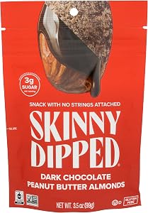 SkinnyDipped Dark Chocolate Peanut Butter Almonds, Healthy Snack, Plant Protein, Gluten Free, 3.5 oz Resealable Bags, Pack of