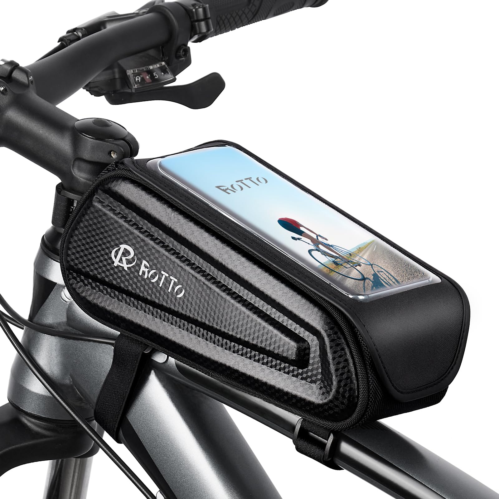 ROTTO Bike Bag Top Frame Bicycle Top Tube Bag Phone Holder Waterproof Hard Shell Sensitive Touch Screen for Phone Up to 7"