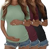 JoyMotion 3 Pack Womens Maternity Shirts Short Sleeve Ribbed Knit Pregnancy Tunic Top Soft Crew Neck Casual Maternity Clothes
