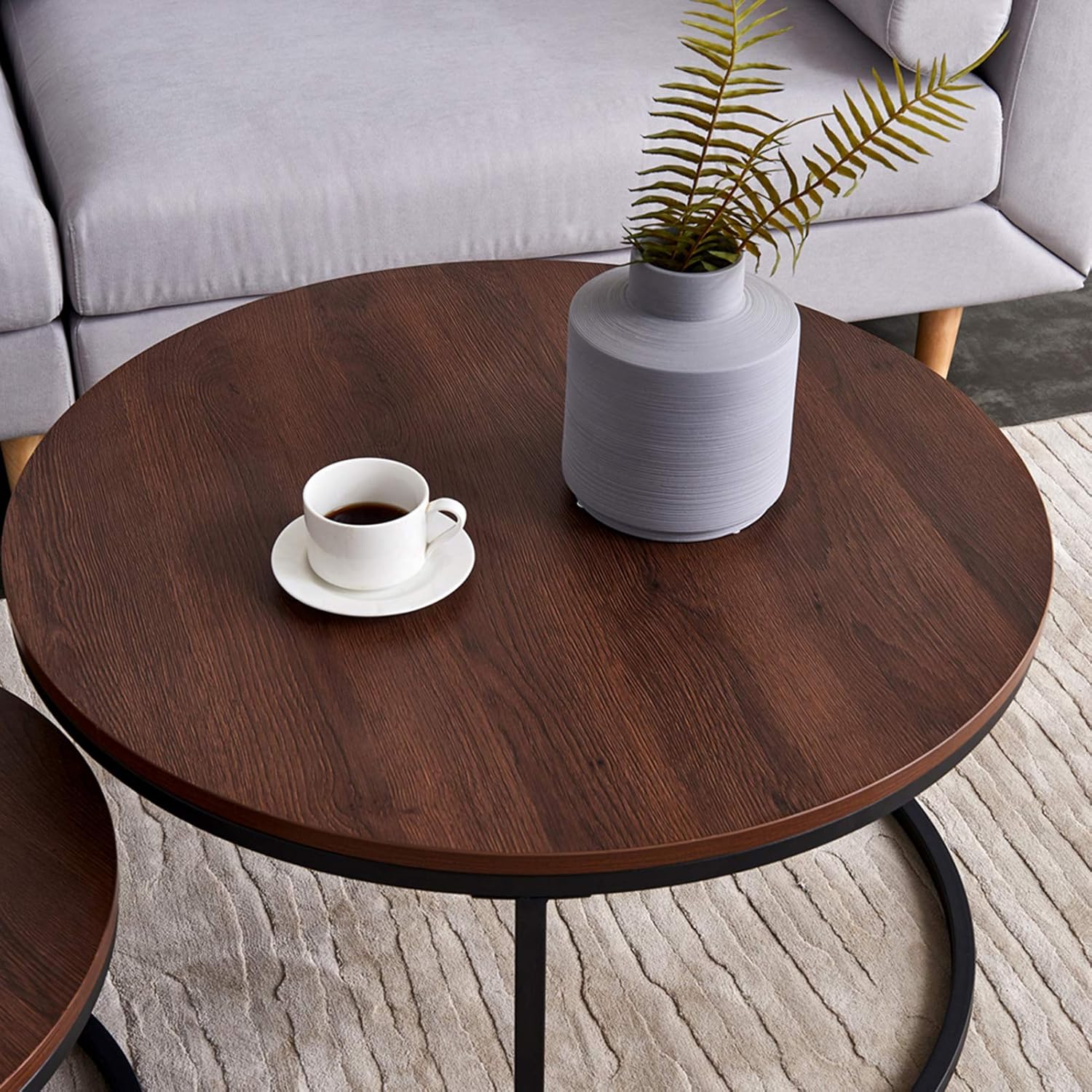 Knowlife Coffee Table Set of 2 Nesting Tables Modern Round Walnut Top End Table for Living Room and Small Space, Black,32”…: Kitchen & Dining