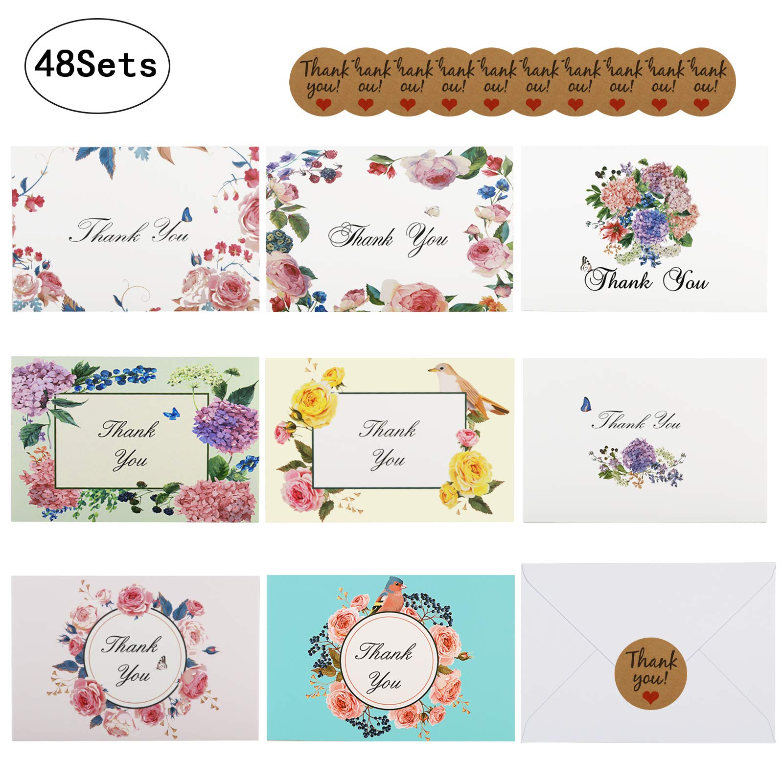 Thank You Cards - LANMOK Floral Flower Greeting Cards Notes for Birthdays,Wedding,Baby Shower,Bussiness,Graduation,Parties,Anniversary - 48 Sets with Envelopes and Self-Adhesive Sealing Stickers