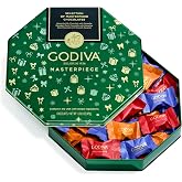 GODIVA Masterpiece Christmas Chocolate Holiday Tin, 50 Pieces | 50-Piece Gourmet Milk &amp; Dark Ganache Chocolates with Caramel, Festive Green Holiday Tin, Keepsake Gift Container