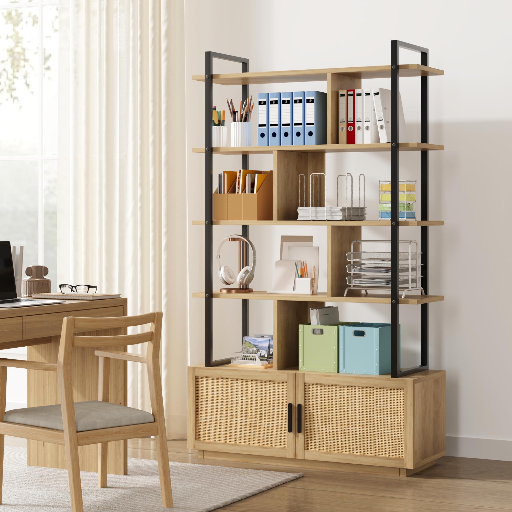 71-Inch Tall Rattan Bookshelf With Door – 5-Tier Industrial Bookcase For Living Room, Bedroom, Office - View #12