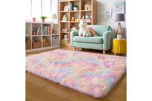 KICHOWUA KCHOWUA 4x6 Unicorn Thick Fluffy Area Rug for Girls Bedroom,Rainbow Soft Shag Comfy Fuzzy Shaggy Pastel Rugs for Living Room,Thickened Washable Non Slip Kids Nursery Baby Boys Dorm Room Carpets