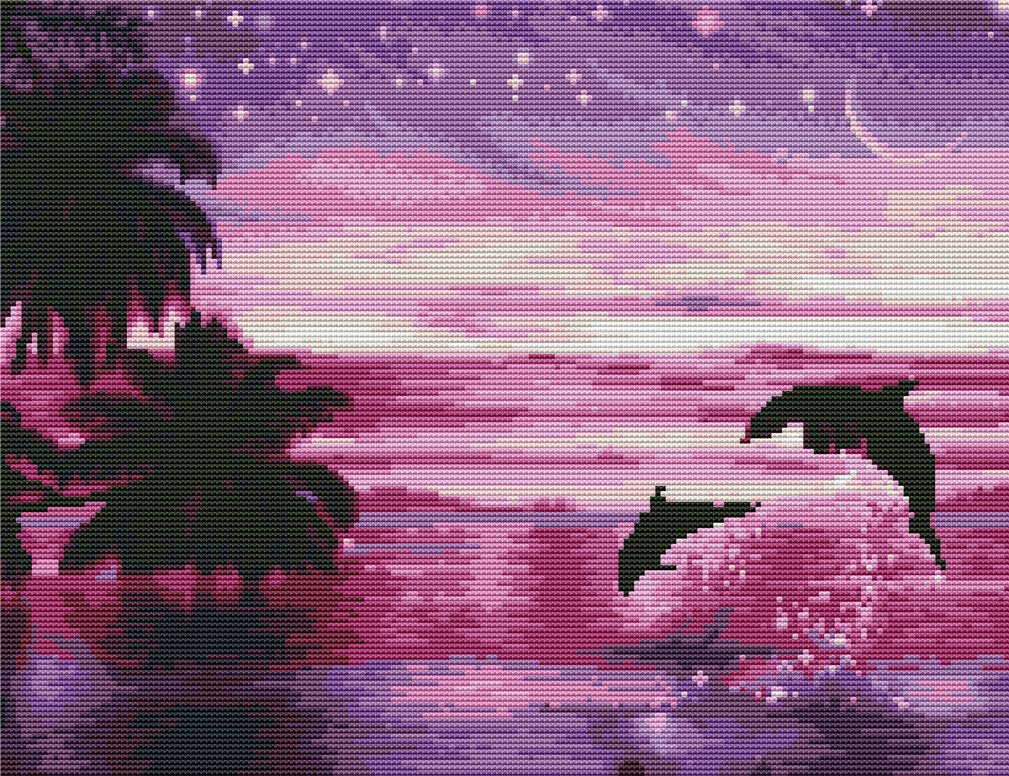 Abillyn Embroidery Cross Stitch Kits Sea Night Landscape, Dolphin Stars Moon Stamped with Printed Pattern Starter Kit (Dolphin)