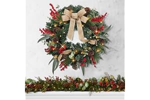BAYN Christmas Lighted Wreath for Front Door, 28 Inches Pre-Lit 35 LED Lights, Natural Pine Cones Artificial Holiday Wreath for Indoor Outdoor Home Decorations