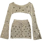 WDIRARA Women's Crochet 2 Piece Cover Up Set Sequin Hollow Out Beach Skirt Set Swimsuit Coverup
