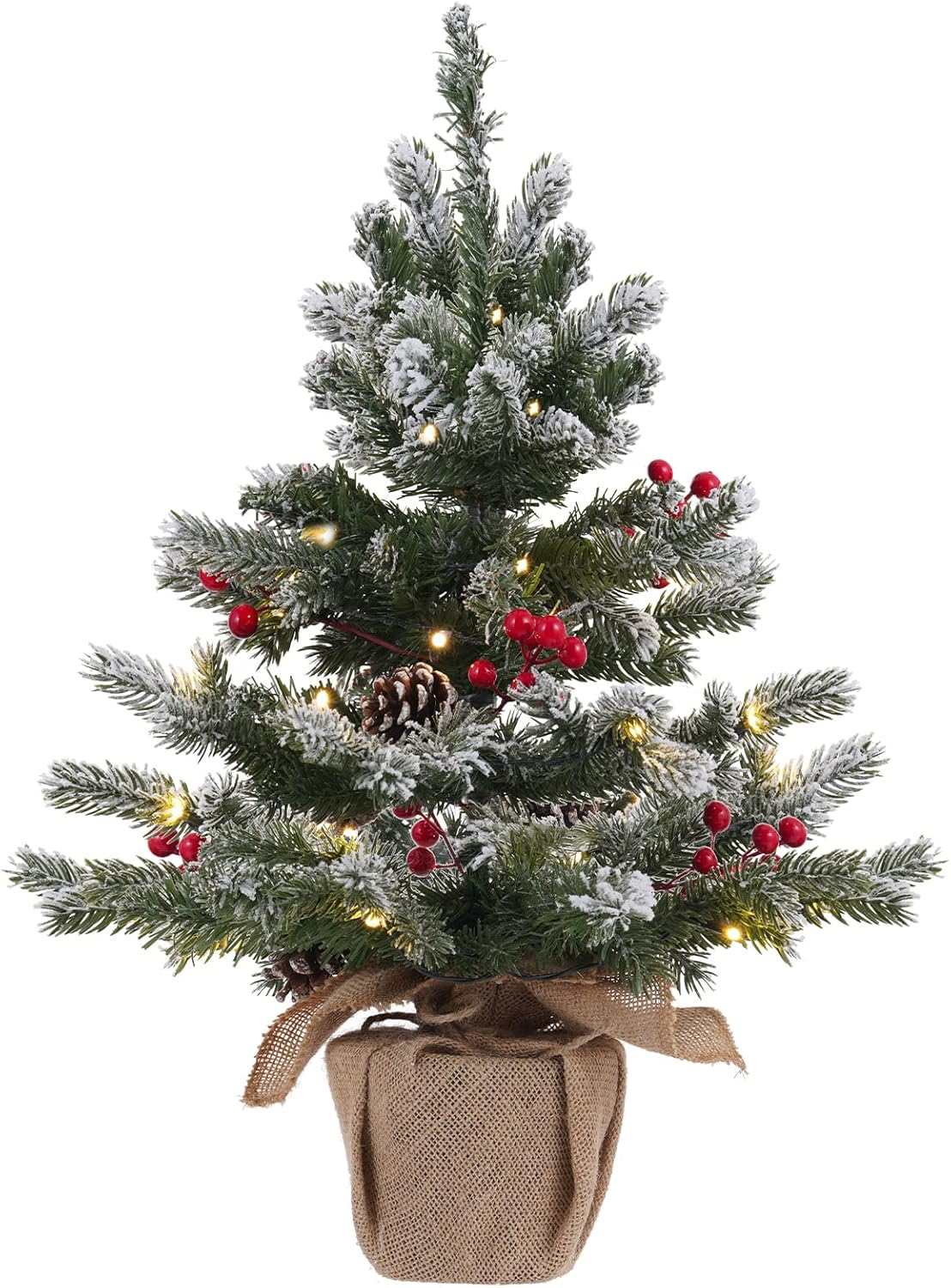 Trees - 24 Inch 2 FT Pre-lit Snowy Mini Christmas Tree, DECSPAS Small Tabletop Flocked Christmas Tree with 20 LED Lights Red Berries Pine Cones and Cloth Bag Base Xmas Decorations for Holiday Party Home