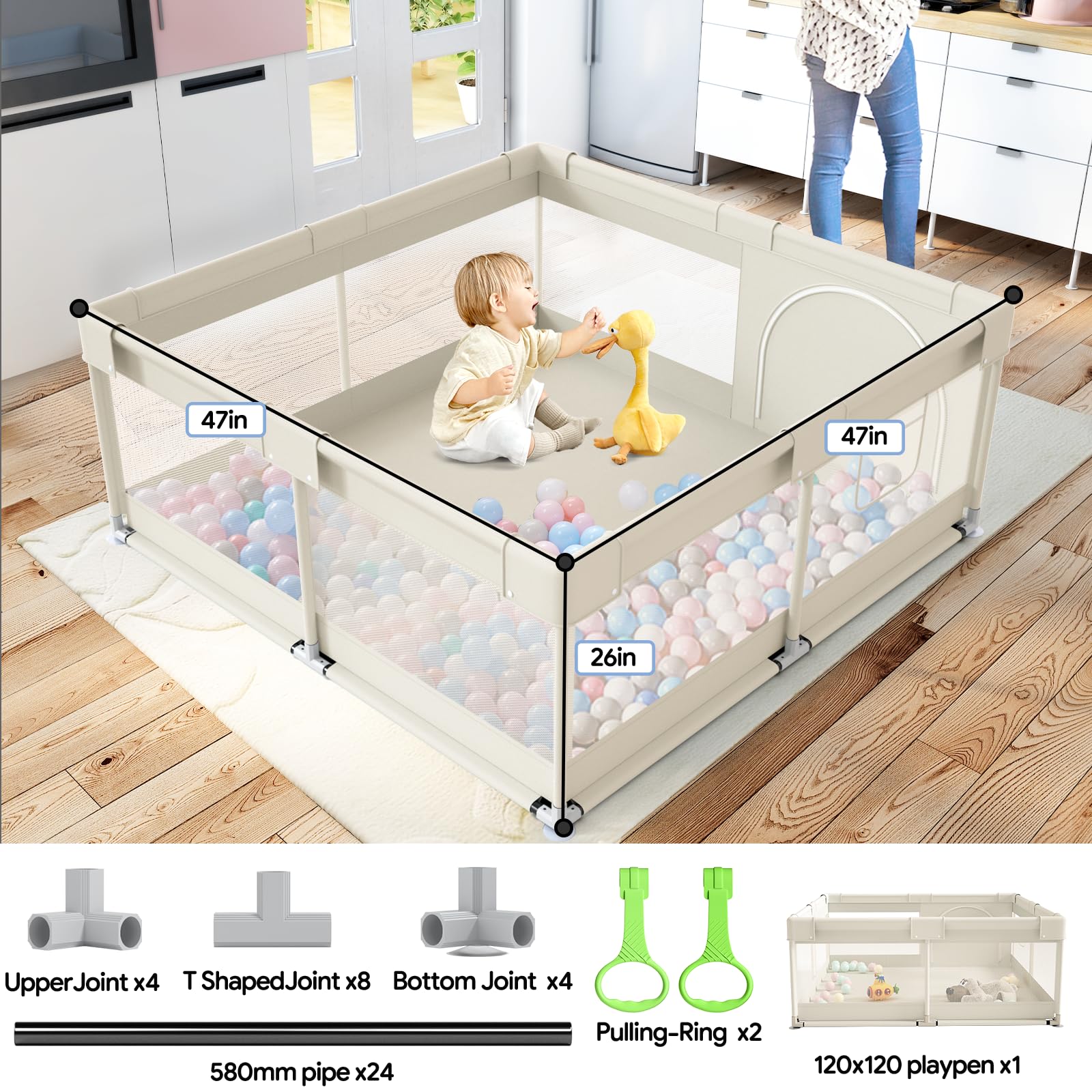 Fodoss Baby Playpen, Upgrade Playpen for Babies and Toddlers, 47x47x26inch Beige Play Pen for Babies with Hand Pulling Ring, Play Pen Center for Kids,Baby Fence,Baby Playards.