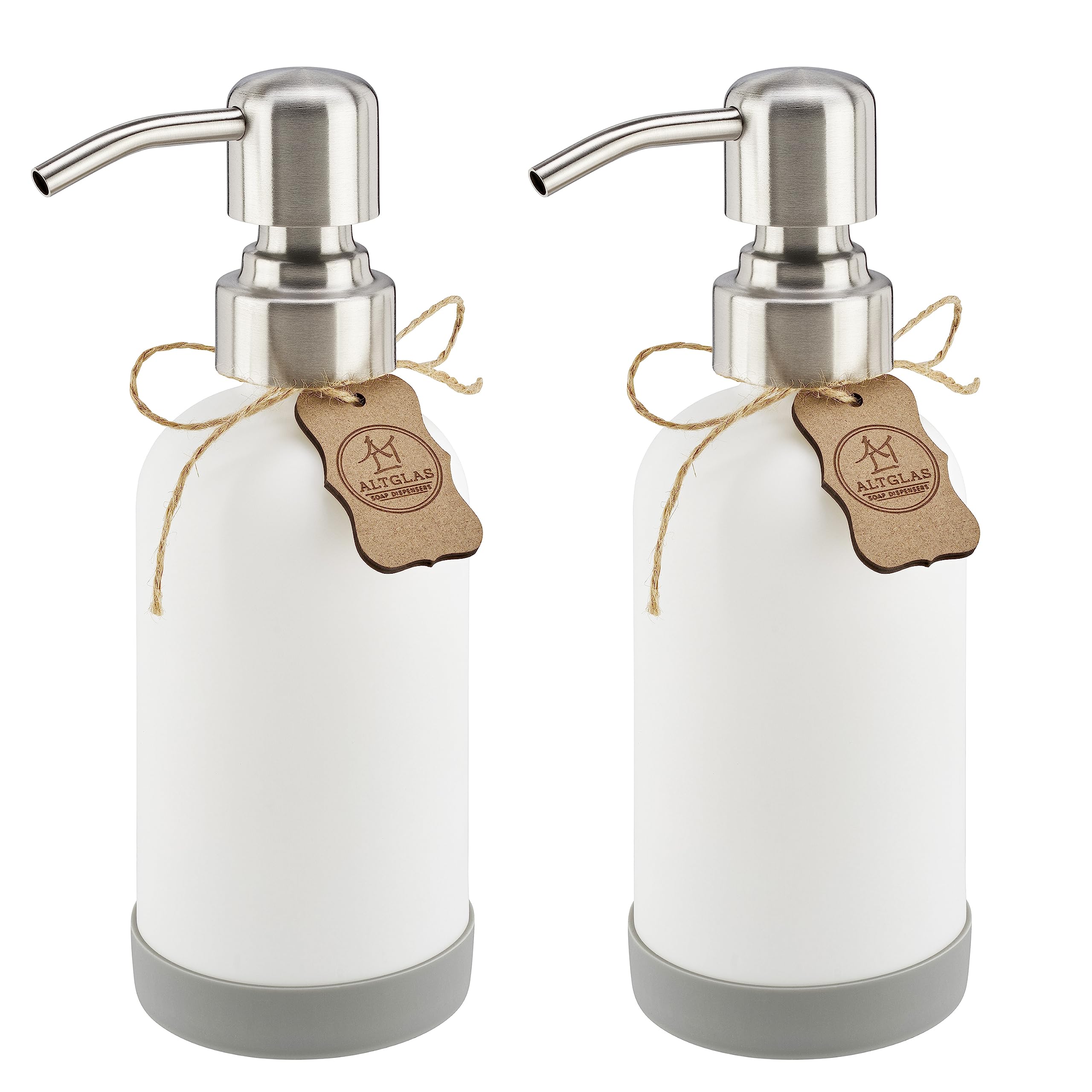 ALTGLAS Refillable Glass Soap Dispenser 'Sarajevo' from Small White Bottle with Stainless Steel Pump and Silicone Coaster (250ml, Set of 2) — image 1