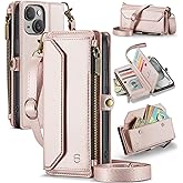 Strapurs Wallet Case Compatible with iPhone 15 Plus RFID Blocking 10-Card Holder Soft PU Leather Magnetic Snap Shoulder Strap Zipper Pocket Phone Case Fit for iPhone 15 Plus 6.7" - Rose Gold