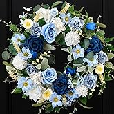 CIR OASES 22 Inch Spring/Summer Floral Wreaths for Front Door,Artificial Decoration Wreath with Rose Dahlia Hydrangea for Home Porch Wall Valentine Wedding Festival Decor(Blue)