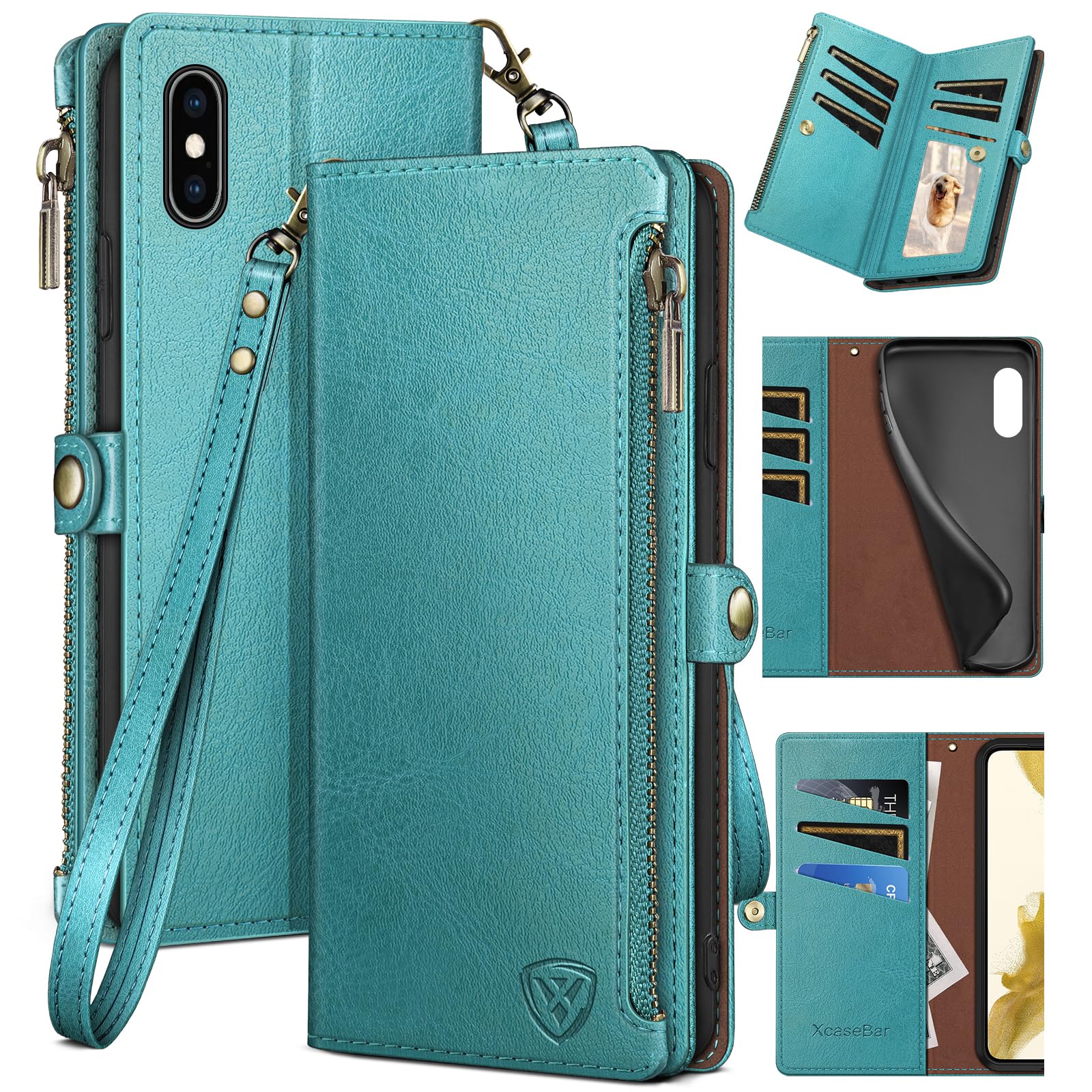Photo 1 of XcaseBar for iPhone Xs Max 6.5" Wallet case with Zipper Credit Card Holder?RFID Blocking?, Flip Folio Book PU Leather Phone case Shockproof Cover Women Men for Apple XS Max 6.5" case Blue Green