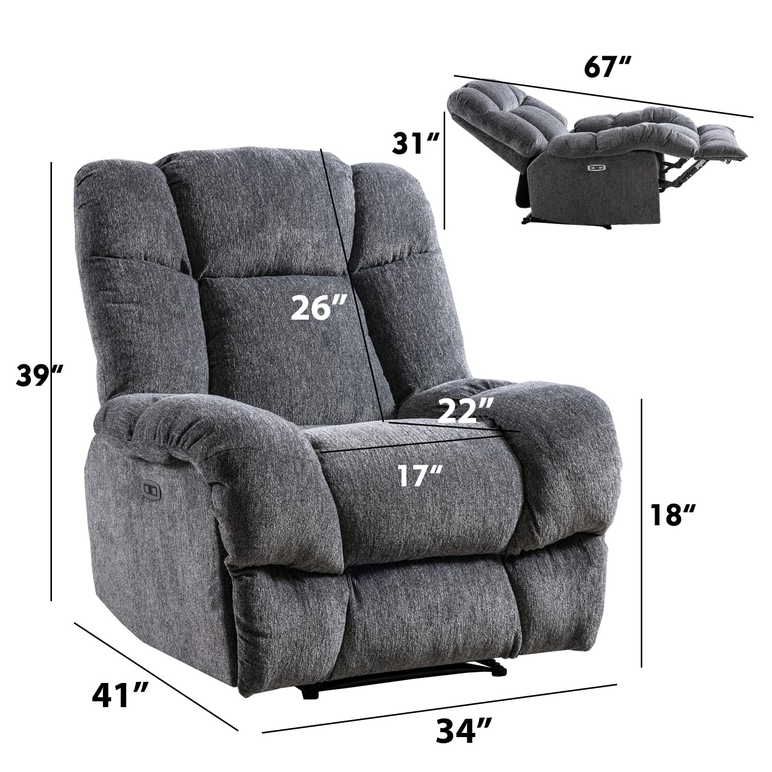 INZOY Electric Power Recliner Chair with USB Charge Port, Electric Reclining Recliner with Upholstered Seat, Overstuffed Single Sofa for Living Room Bedroom, Dark Grey