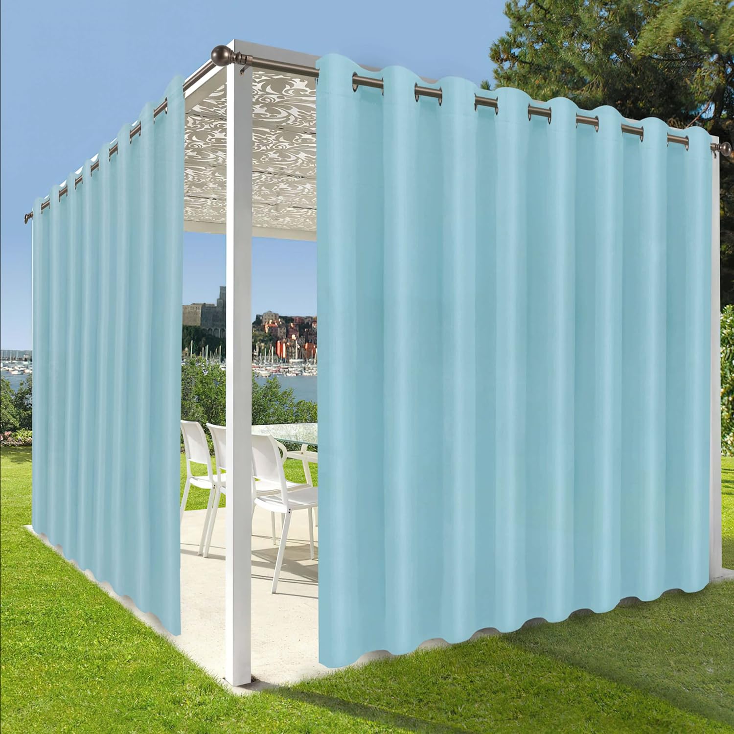 Outdoor Curtains - OutdoorLines Waterproof Outdoor Curtains for Patio-Privacy Sun Blocking Grommet Curtain Panel Weatherproof, UV Resistant Curtains for Gazebo, Front Porch, Pergola Sky Blue 120W x 95L Inch 1 Panel