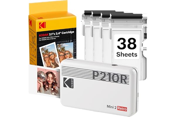 KODAK Mini 2 Retro 2x3 Portable Photo Printer, 4PASS, 38 Sheets, White | Bluetooth, iPhone & Android Smartphone Compatible, Smudge-Proof, Water-Resistant, Fade-Resistant