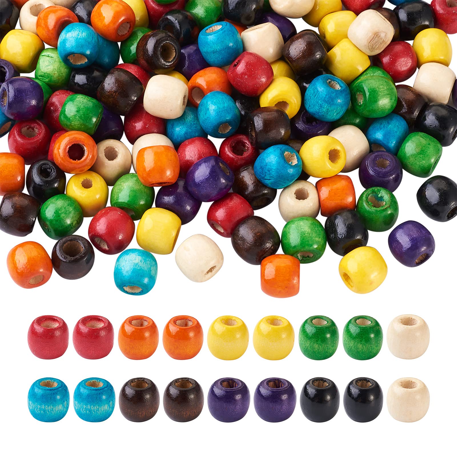 Craftdady 180pcs Natural Wood Barrel Spacer Beads 11x12mm Wooden Rondelle Drum Loose Beads 9 Colors for Macrame Jewelry Crafts Making Home Decoration