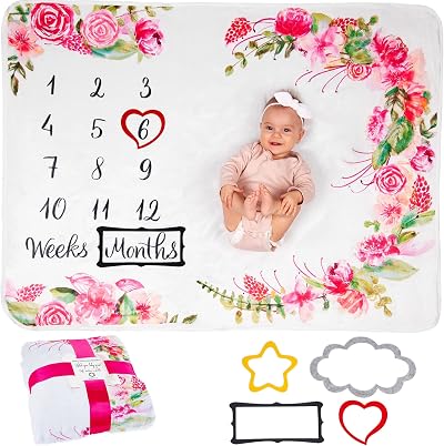 ODOXIA Baby Milestone Blanket Moon Size 130x100 cm Flowers Leaves Frames