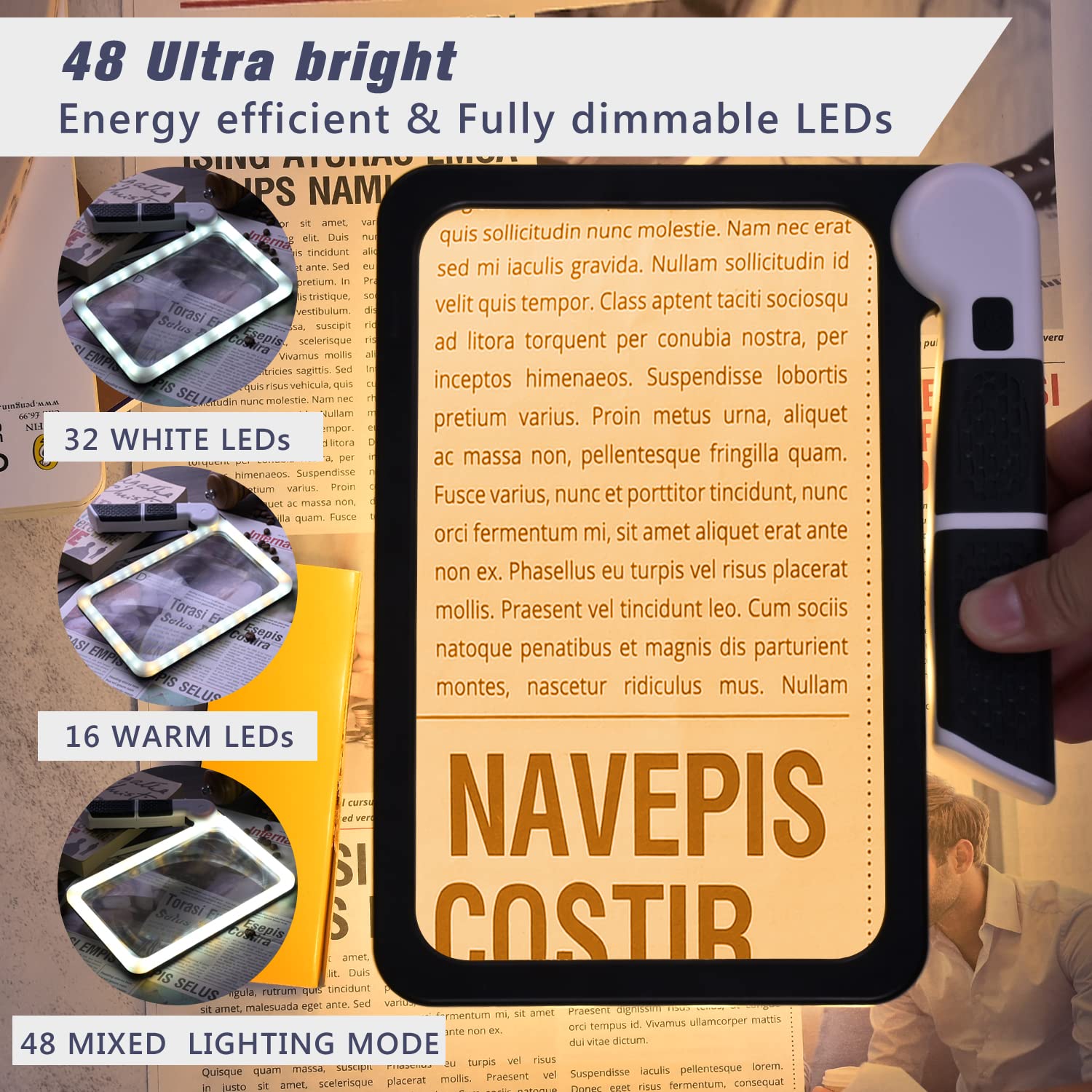 Magnifying Glass with Light, Page 5X Folding Handheld Rectangular Magnifier with 48 Lights for Reading Books & Close Work, Ideal Lighted Magnifying Gift for Low Visions