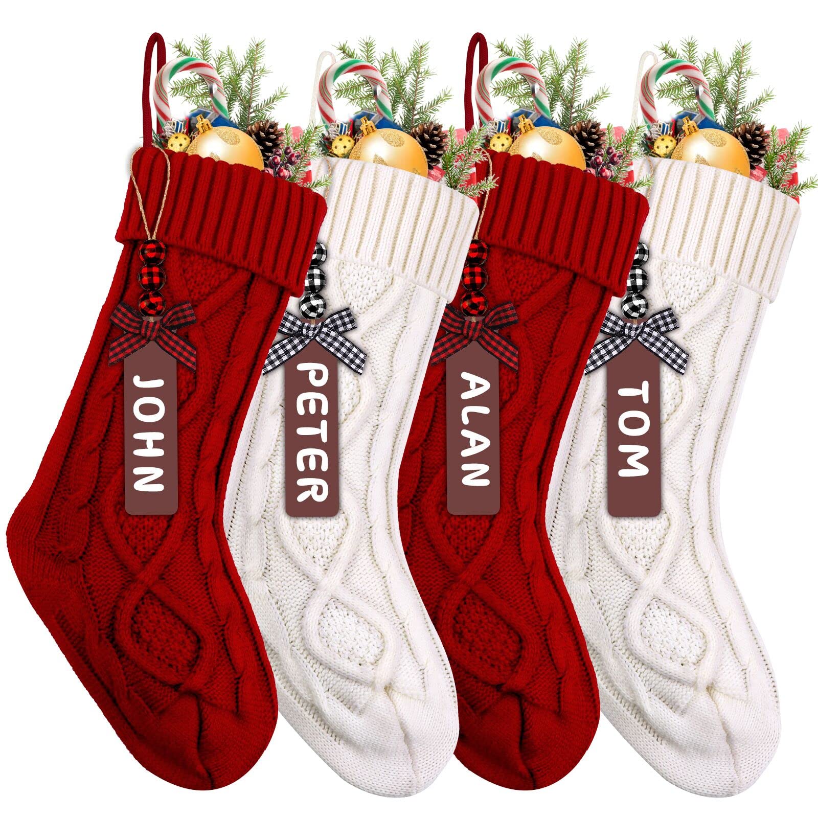 Photo 1 of **MISSING PARTS** USED**XIMISHOP 4PCS Christmas Stockings, 18inch Large Personalized Cable Knitted Xmas Hanging Stocking Decorations with Name Tags for Holiday Christmas Party Family Decor (Red and White)
