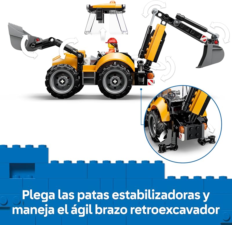 City Cargadora Retroexcavadora Amarilla – Vehículo de Obra de Juguete y 2 Minifiguras – Camión con Cucharón Delantero y Retroexcavador – Regalo de Cumpleaños para Niños de 7+ Años – 60480 — foto 5 de 8