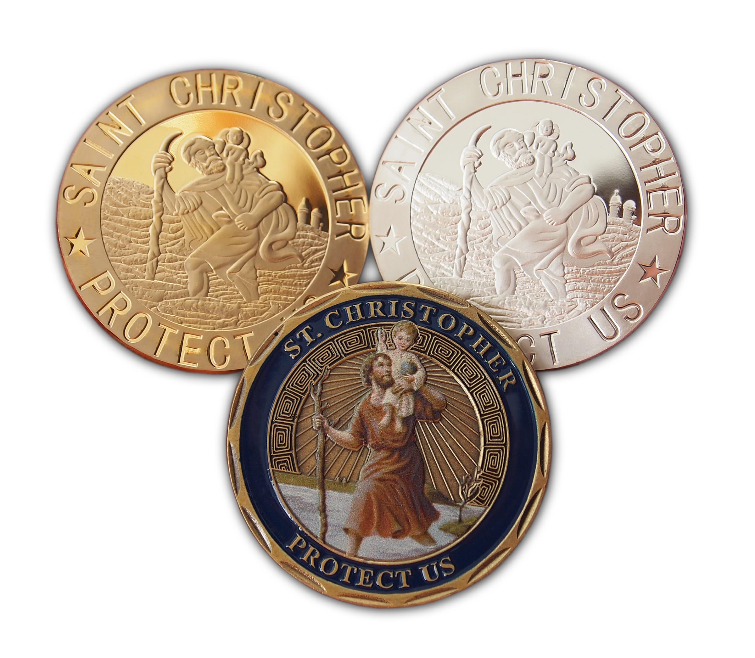 Eillwin 3pc Saint Christopher Collector Coin Set, Patron Saint of Travelers Medallion, Pocket Prayer Coins for Drivers, Religious Souvenir Gift
