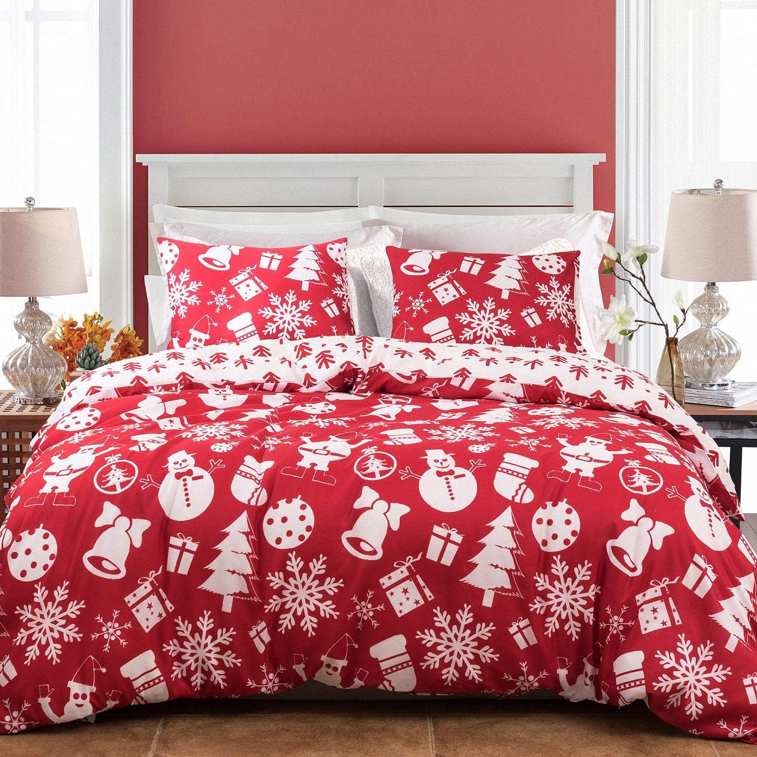 NEWLAKE Christmas Style Duvet Cover Set King Size, Snowflakes Snowman Gifts for New Year Holidays