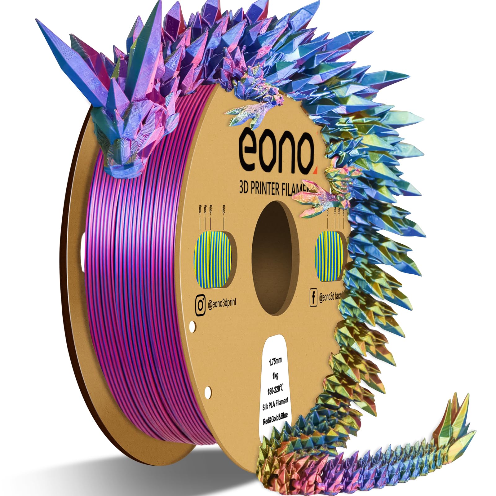 EONO Filament PLA 1,75mm Mehrfarbig Regenbogen PLA Filament für 3D Drucker Coextrusions Dreifarbiges Silk 1kg (2,2 lbs) Mehrfarbiges PLA,Tricolor Filament PLA, Silk PLA Filament Rot/Gold/Blau.