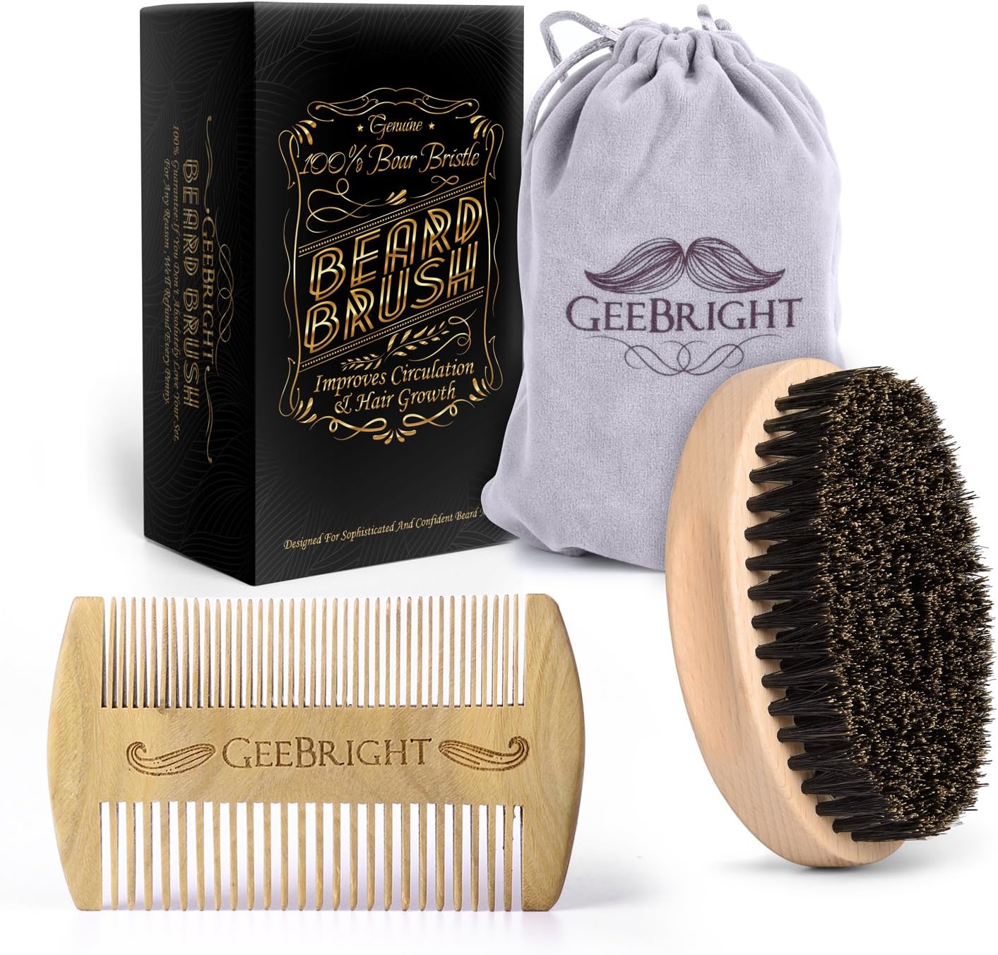 Beard Brush Set for Beard Balms and Oils, Geebright Wooden Beard Brush & Comb Kit with Travel Bag, Natural Boar Bristle Brush with Beard Comb Portable Grooming Kit for Men, Packed in Premium Giftbox
