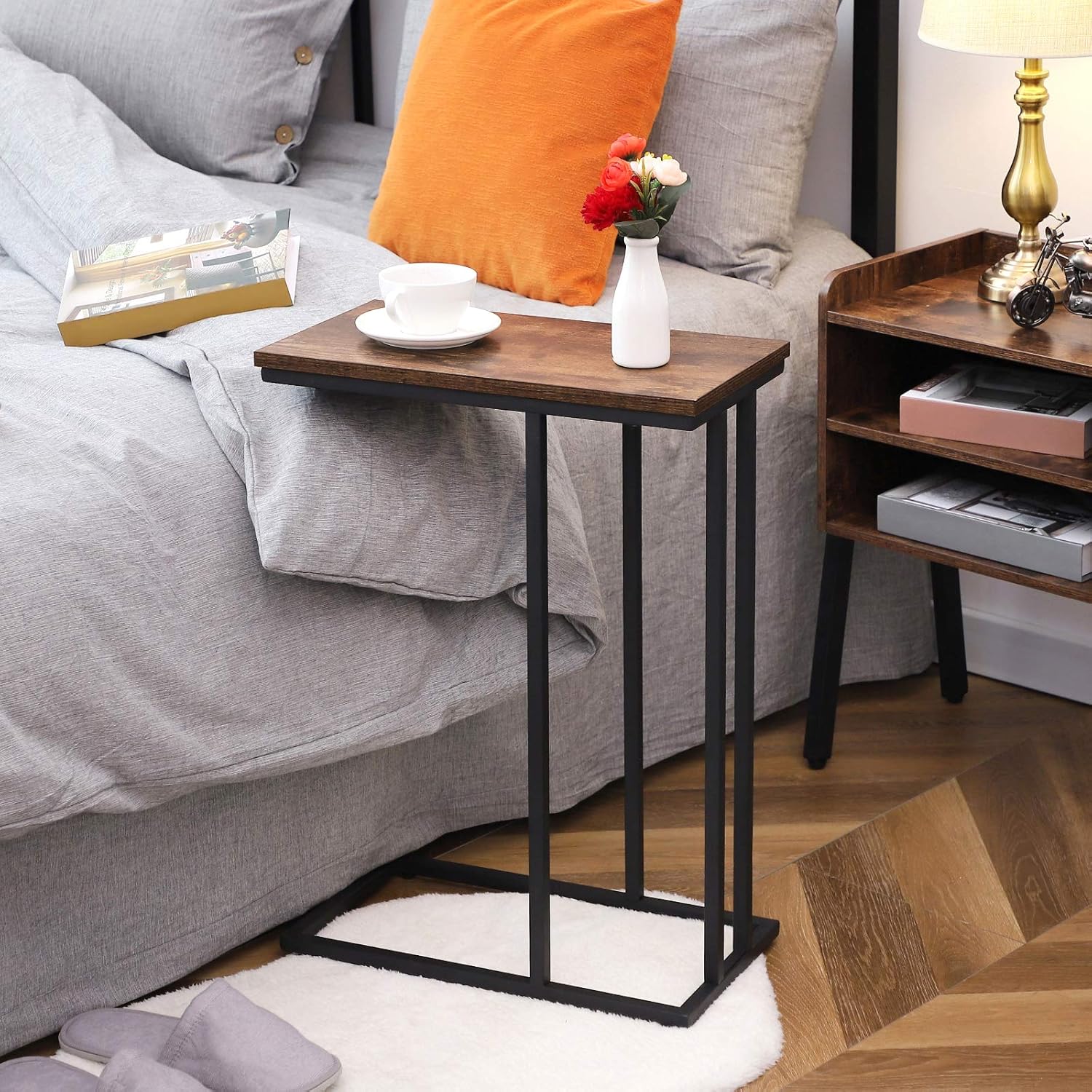 HOOBRO Side Table, Snack Table Heavy-Duty Sofa Side Table for Living Room, Bedroom, Easy Assembly, Space Saving, Wood Look Accent Furniture with Metal Frame, Rustic Brown BF02SF01: Home & Kitchen
