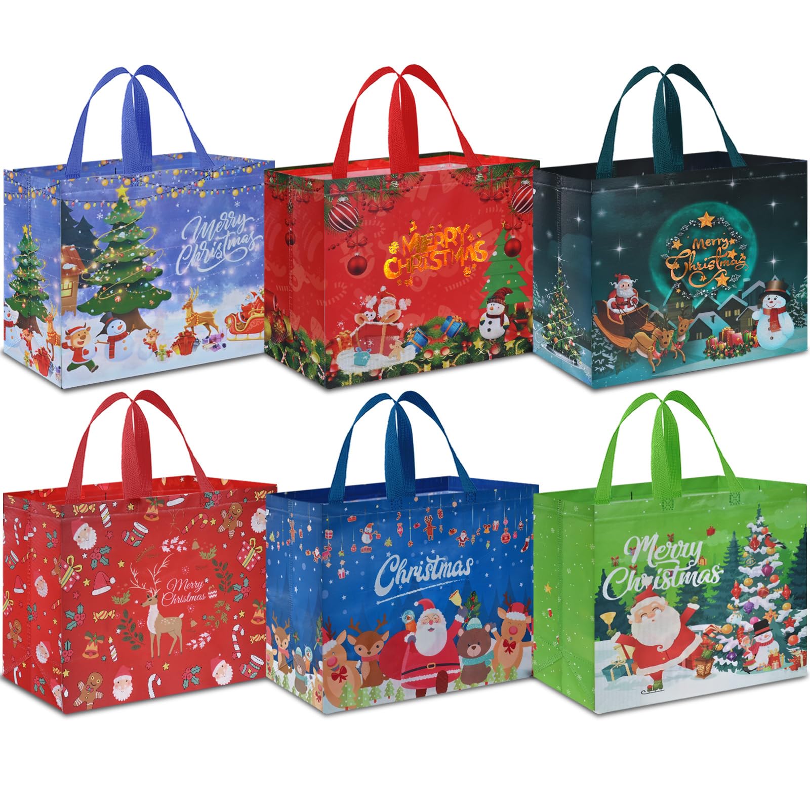AhfuLife Extra Large Christmas Bags for Gift, 6pcs Xmas Tote Gift Bags with Handles, Reusable Multipack Non-woven Christmas Treat Shopping Bags, Xmas Party Favor Bags Decorations, 40 x 36 x 15cm
