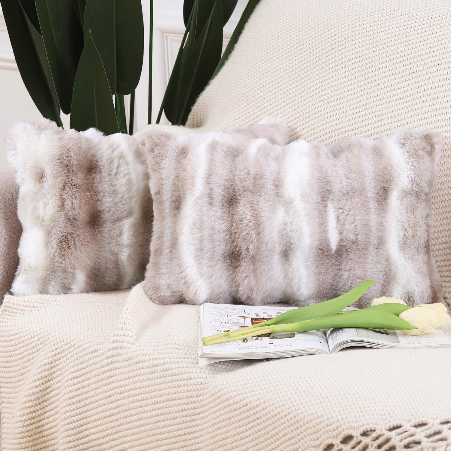 Madizz Pack of 2 Thick Plush Faux Wool Cushion Covers 30x50 cm White Taupe Soft Neutral Decorative Throw Pillow Covers Accent Boho Pillowcases for Couch Sofa Bedroom Pillow Shell — image 1