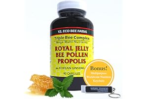 Worldwide Nutrition Y.S. Eco Bee Farms Triple Bee Complex Royal Jelly Bee Pollen Propolis with Korean Ginseng - Health and Wellness Organic Bee Pollen Supplement - 90 Ct w/Multi Purpose Key Chain