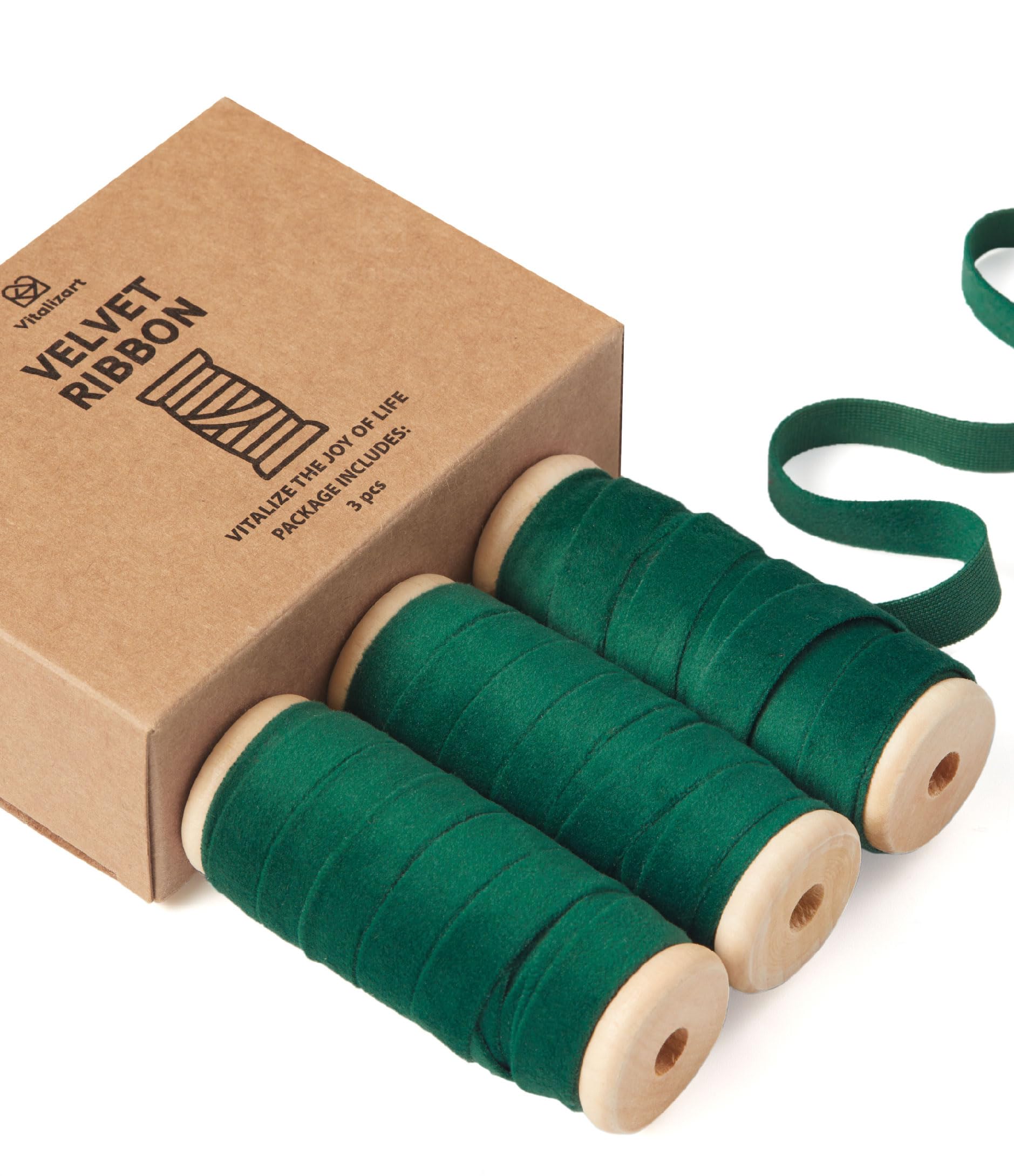Vitalizart Dark Green Velvet Ribbon Set 3/8" x 5Yd x 3 Rolls, Wooden Spool, Fabric Trim for Christmas Wreath Decoration, Handmade Craft, Ornaments, Gift Wrapping & Bow Making