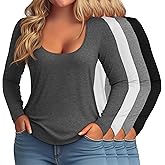 Evervibe 4 Pack Women's Plus Size Long Sleeve T-Shirts Scoop Neck Basic Tees Tops Casual Slim Fit Base Layer Undershirts
