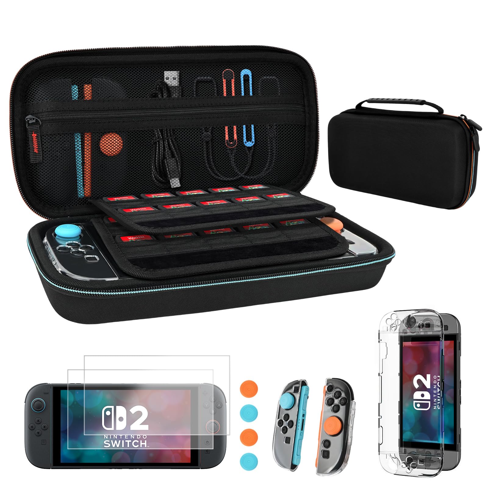 ARVOK Accessories Bundle for Nintendo Switch 2 case, Portable Carrying Case with Game Card Slots, Clear Hard Shell Protective Cover, 2 Screen Protectors & 4 Thumb Grips, Travel & Storage Kit