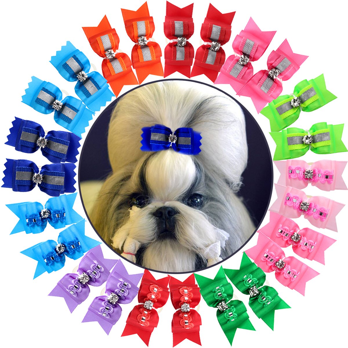 HOLLIHI 24pcs / 12 Pairs Adorable Grosgrain Ribbon Pet Dog Hair Bows with Rubber Bands - Puppy Topknot Cat Kitty Doggy Grooming Hair Accessories Bow knots Headdress Flowers Set for Groomer